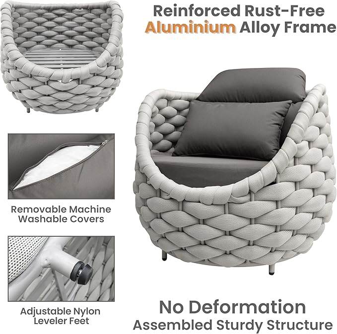 Lanai Outdoor Furniture Set: 6-Piece Aluminum Woven Rope Patio Conversation Sofa Set w/Table - Modern Cushions Couch Set - No Assembly Metal Porch Seating for Deck Yard Garden Pool Hotel Resort
