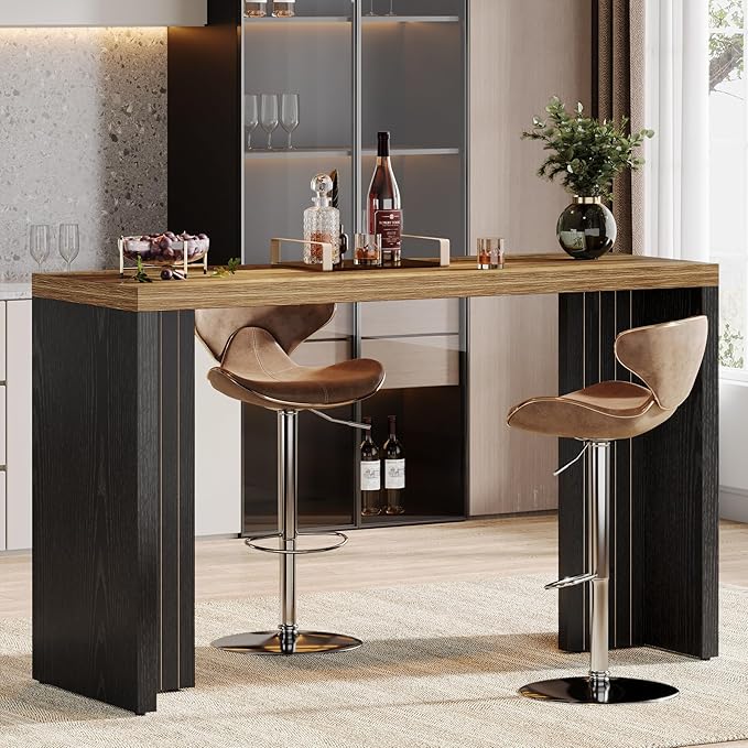 Tribesigns Home Bar Unit, 55.12-Inch Bar Table with a Spacious Tabletop, Modern Freestanding Mini Bar for Home Kitchen, Living Room, Balcony, Basement, Brown & Black (Set of 2)