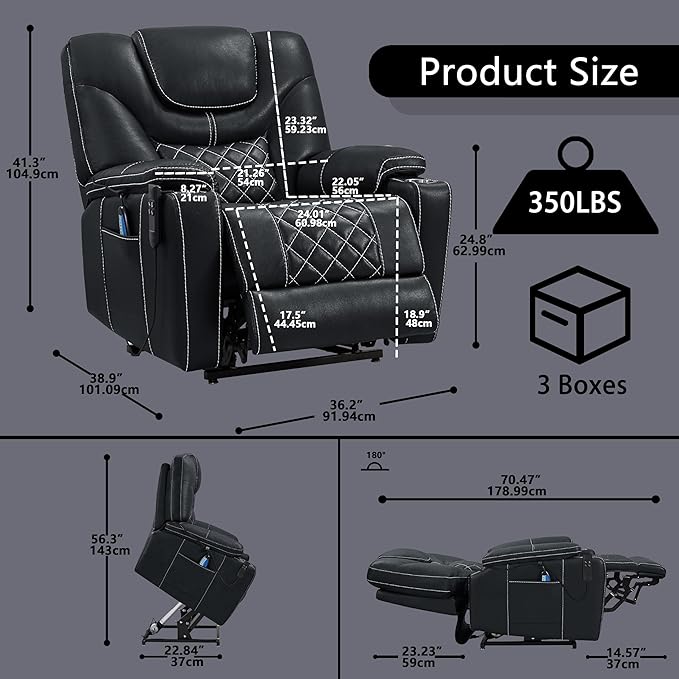 Power Lift Chair for Elderly: 9988 High Density Foam Lay Flat with Heat and Massage, Reclining to 180, 2 Pockets Cup Holders, 2 Remote Controls, Dual OKIN Motors - Breathable Leather Black