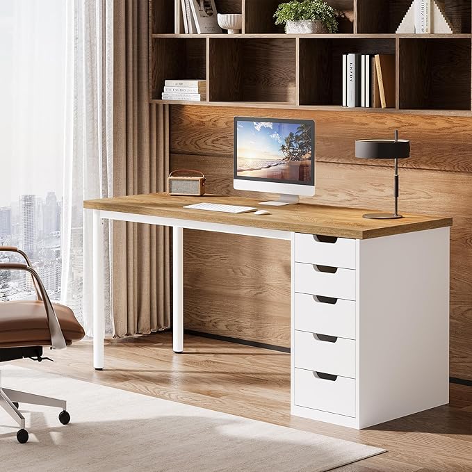 Tribesigns Modern Simple Computer Desk, 47 Inches PC Desk with 5 Reversible Drawers, Rustic Brown Study Writing Table Workstation for Home Office Small Spaces (Walnut+White)