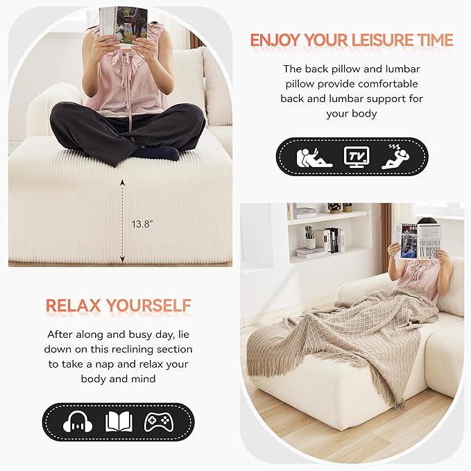 103'' Boneless Corduroy L Shaped Couch, 3 Seat Modular Sectional Deep Seat Sofa with Chaise Lounge, No Assembly Cloud Lounge Sleeper Sofa, White