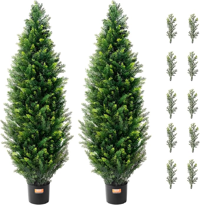 VEVOR Artificial Topiary Cedar Tree, 48 inch Tall (2 Pieces), with Extra Leaves & Pot Faux Evergreen Fake Pine Cypress Trees Plant, UV Rated Artificial Greenery Set for Home Decor Indoor/Outdoor
