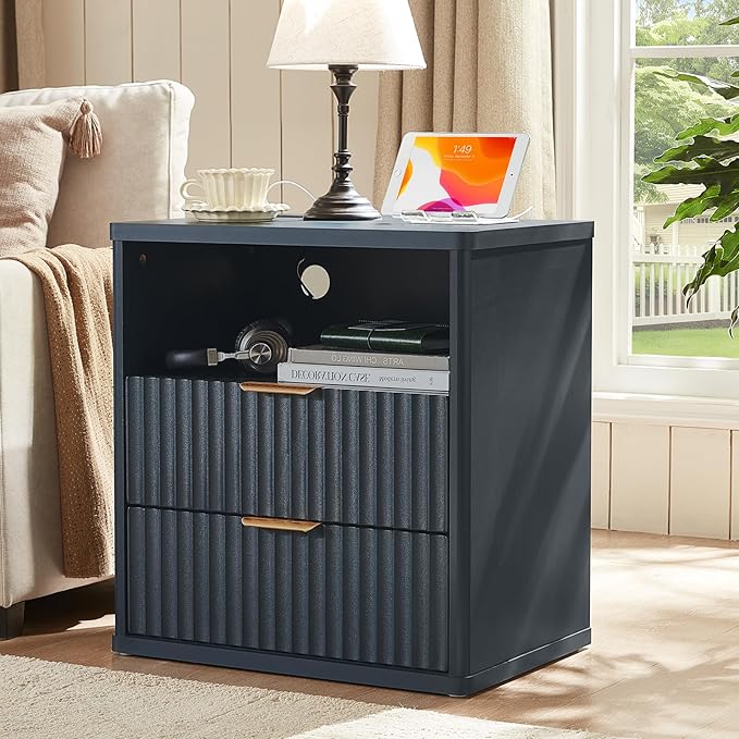LEYAOYAO Fluted Nightstand with Charging Station, 23" Wide 2 Drawers End Table,Night Stand with Open Storage Cabinet, Farmhouse Bed Side Tables, Wood Dresser for Bedroom, Living Room, Closet, Blue