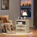 LEYAOYAO Rattan Nightstands Set of 2 with Charger Station, 23" Wide Boho Night Stand with 2 Drawers, Grey White Bedside Table Open Shlef, Bed Side End Table Dresser for Bedroom, Living Room Hallway