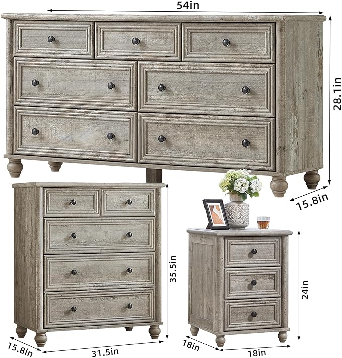 Farmhouse Dressers & Night Stand Set of 4, Wood 54" Wide Dresser & 35" Tall Chest of Drawers, 18" with Charging Station Nightstand Set of 2, Bedroom Furniture Dresser Set for Home Living Room Hallway