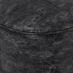 SIMPLIHOME Connor Boho Round Pouf in Distressed Black Genuine Leather for the Living Room, Bedroom and Kids Room