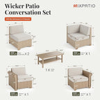 Patio Furniture Set, 6 Piece Outdoor Rattan Wicker Sectional Conversation Set with 5.5" Thick Waterproof Cushions and Coffee Table for Deck Backyard