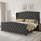 LARMACE Queen Size Bed Frame Velvet Upholstered Platform Bed with Wingback Headboard & Footbaord, Deep Button Tufted Bed Frame with Wood Slats Support, No Box Spring Needed, Grey