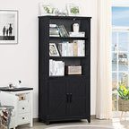 70in Tall Bookshelf 5 Tier Bookcase with Barn Doors and Adjustable Shelves, Black Farmhouse Book Shelf with Storage Cabinet, Wood Freestanding Display Bookshelves for Bedroom, Kitchen (3PCS)