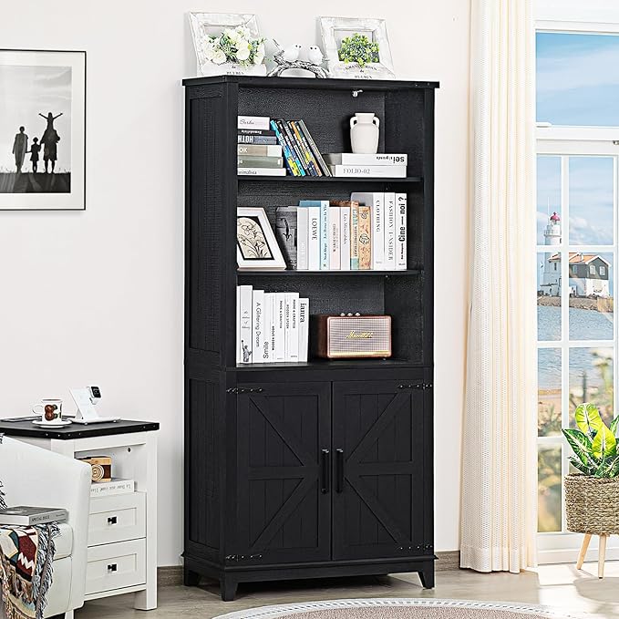 70in Tall Bookshelf 5 Tier Bookcase with Barn Doors and Adjustable Shelves, Black Farmhouse Book Shelf with Storage Cabinet, Wood Freestanding Display Bookshelves for Bedroom, Kitchen (3PCS)