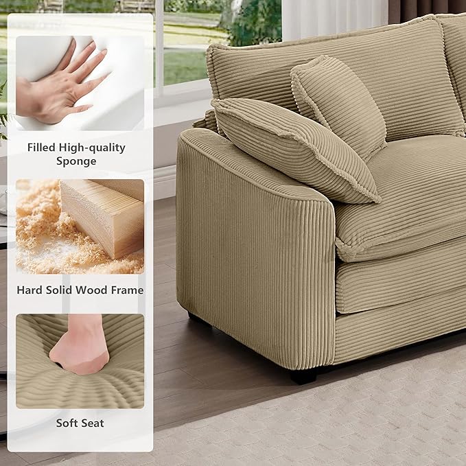 mikibama Luxury 3 Piece Sofa Set, Loveseat Couch & 2 Single Sofa Set, Modern Corduroy Comfy Cloud Couches Set for Living Room Office with 2 Armrest Pillows and 4 Toss Pillows, Camel