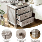 Farmhouse Nightstand with 3 Drawers, Rustic Couch End Table with 4 Square Solid Wood Legs, Mid-Century Vintage Bed Side Table with Storage, Small Dresser for Bedroom, Living Room, Grey