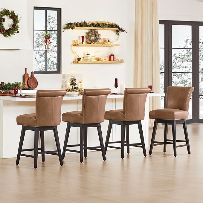 CHITA 26 Inch Counter Height Swivel Bar Stool, FSC Certified Modern Upholstered Faux Leather Swivel Barstool Chair with Back,Saddle Brown