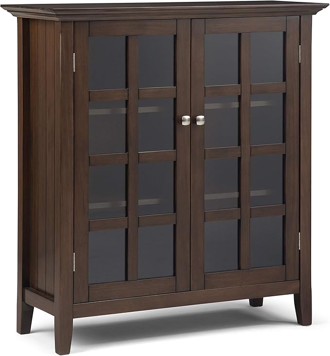 SIMPLIHOME Acadian Storage Cabinet - 39 inch Wide Solid Wood 4-Shelf Display Cabinet in Natural Aged Brown, Transitional Cupboard for Living Room or Dining Room with Glass Doors and Adjustable Shelves