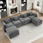 HYJT-H&K 145" U Shaped Cloud Couch Modular Gray Sectional Couches for Living Room, Comfy Fluffy Chenille Oversized Cloud Sectional Couch Large 6 Seat Sectionals Sofa Set Central Console USB Port