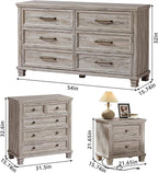 Farmhouse Bedroom Dresser and Nightstand Set of 4, 6 Drawer Low & 5 Drawers Dresser & 2 Drawer Nightstand Set, Rustic Wood Bedroom Furniture Set for Livingroom, Hallway, Grey