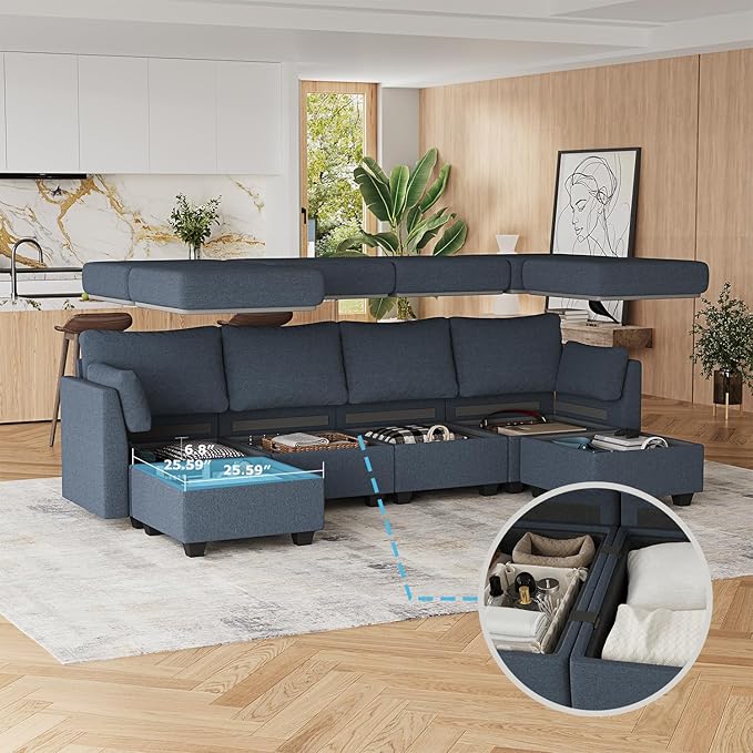 114.17" Modular Sectional Sofa, 6 Seat Sectional Couches with Storage, Memory Foam, Convertible Modular Couch for Living Room, U Shaped Comfy Modular Sofa with Chaise, Blue Grey