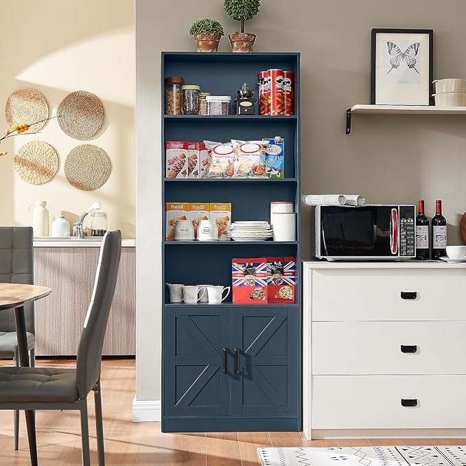 70in Tall Bookshelf 6 Tier Bookcase with Barn Doors and Adjustable Shelf, Blue Farmhouse Book Shelves with Storage Cabinet, Wood Floor Standing Display Bookshelve for Bedroom,Living Room,Kitchen