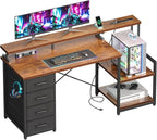 ODK 55 Inch Computer Desk with 4 Drawers, Office Desk with Power Outlets, Printer Shelf & Storage Shelves, Large Writing Study Table for Home, Bedroom, Study or Gaming Setup, Vintage