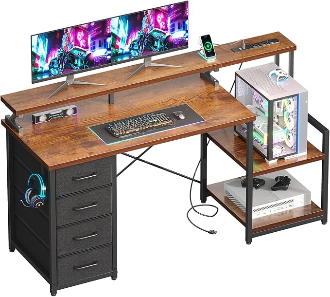 ODK 55 Inch Computer Desk with 4 Drawers, Office Desk with Power Outlets, Printer Shelf & Storage Shelves, Large Writing Study Table for Home, Bedroom, Study or Gaming Setup, Vintage