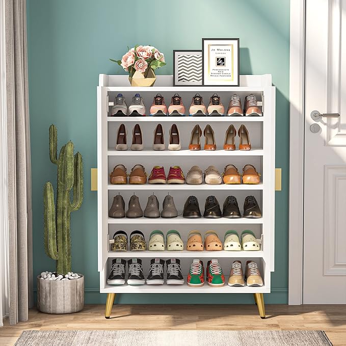 Tribesigns Shoe Cabinet with Doors, 6-Tier Shoe Storage Cabinet with Adjustable Shelves, Wooden Shoes Rack Shoe Storage Organizer for Entryway, Hallway, Closet, Living Room, White & Gold