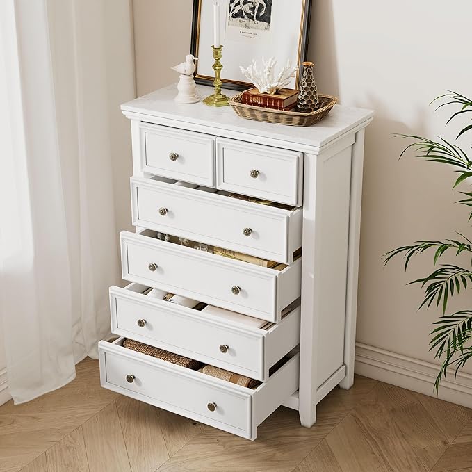 BLANKSPACE White Farmhouse Dresser, 6 Chest Drawer Dresser for Bedroom, Large Capacity Nightstand, Modern Tall Wood Cabinet for Bedroom, Living Room, Closets, Hallway