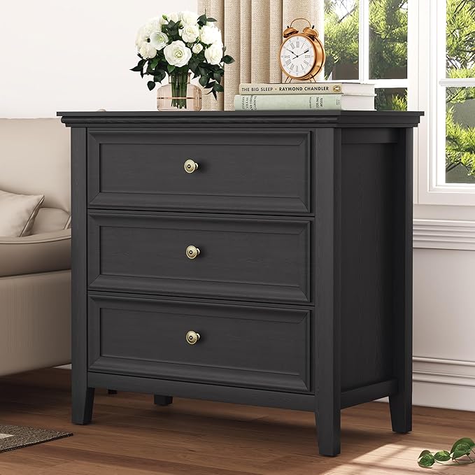 Farmhouse Black 3-Drawer Dresser for Bedroom - 31.5" Wide 3 Chest of Drawers Storage Organizer Cabinet as Nightstand or Bedside Dresser
