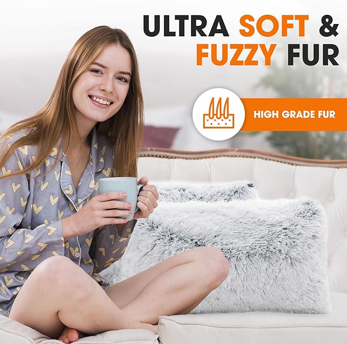 Cheer Collection Throw Pillows for Couch and Bed, Soft Shaggy Throw Pillows with Inserts Included, Cozy Long Hair Faux Fur Pillows - Set of 2-12" x 20" - Blue Ombre