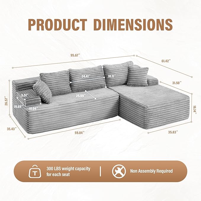 Hobestluk Modular Sectional Couch Sofa,96" Boneless Couches for Living Room, Memory Foam Sectional Couch with Oversized Chaise,L-Shape Couches (Grey, Right Facing)