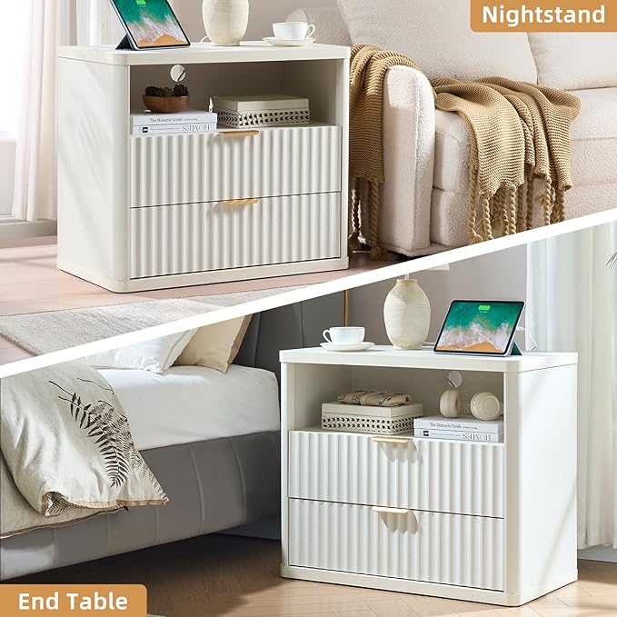 LEYAOYAO 31" Wide Fluted Nightstand with Charging Station, Oversized Extra Large 2 Drawers Night Stand,White Wood Bedside Table,Tall Bed Side End Tables,Modern Chest of Drawers Dressers for Bedroom