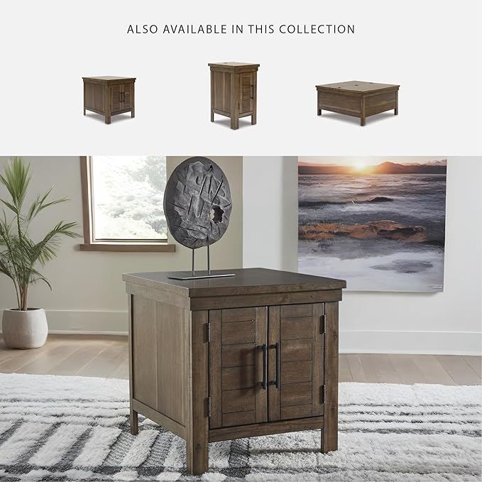 Signature Design by Ashley Moriville Rustic Farmhouse Rectangular End Table with Dual Cabinet Doors, Antique Bronze-Tone Hardware, Wood, 25" High, Brown