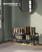 SONGMICS 2-Tier Shoe Organizer, Metal Shelf Storage With 4 Side Hooks, Holds 10 Pairs, Height-Adjustable Rack for Entryway, Hallway, Closet, Easy Assembly, Chestnut Brown