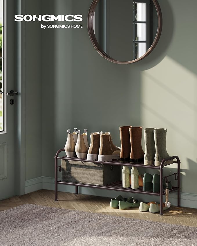 SONGMICS 2-Tier Shoe Organizer, Metal Shelf Storage With 4 Side Hooks, Holds 10 Pairs, Height-Adjustable Rack for Entryway, Hallway, Closet, Easy Assembly, Chestnut Brown