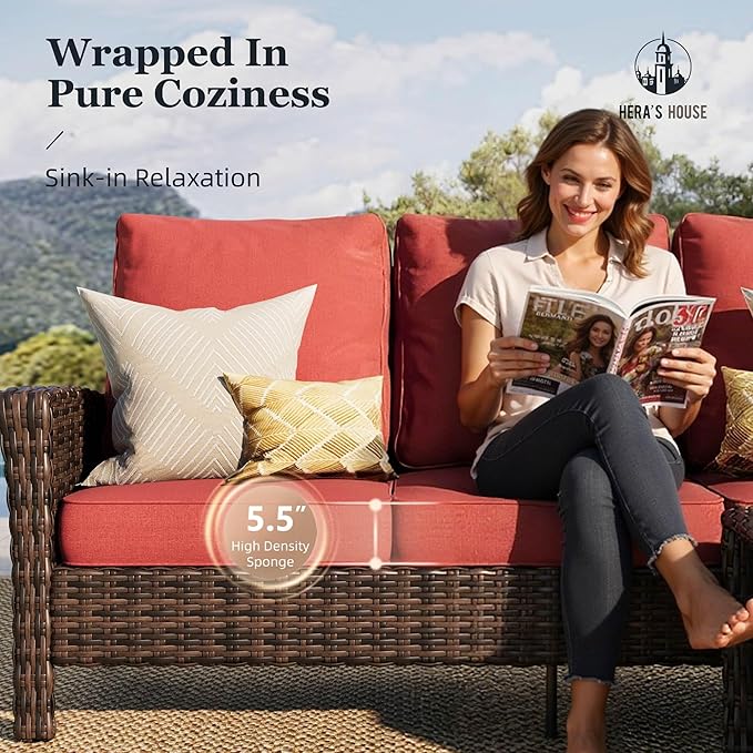 HERA'S HOUSE Red Patio Furniture Set, 35" High Back Swivel Chairs with 5.5" Waterproof Cushions, 4 Pieces Wicker Rattan Outdoor Conversation Sofa Sets for Deck Lawn Yard
