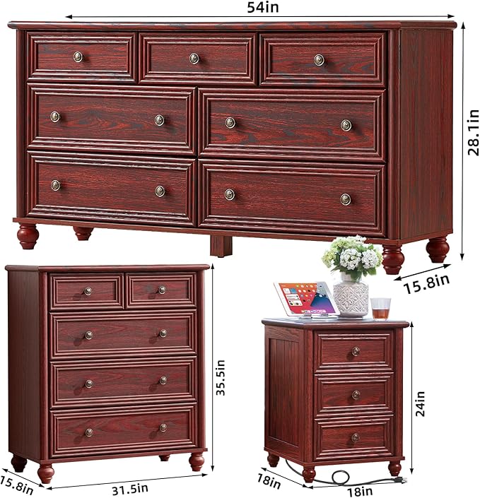 Farmhouse Dressers & Night Stand Set of 4, Wood 54" Wide Dresser & 35" Tall Chest of Drawers, 18" with Charging Station Nightstand Set of 2, Bedroom Furniture Dresser Set for Home Living Room Hallway