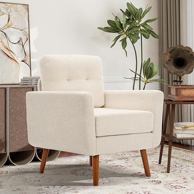 Tbfit Linen Fabric Accent Chair, Mid Century Modern Armchair for Living Room, Bedroom Button Tufted Upholstered Comfy Reading Accent Chairs Sofa(Beige)