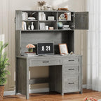 Farmhouse 67" H Executive Desk with Hutch,Office Desk with 4 Drawers and LED light, Wood Workstation for Home Office and Study, Computer Desk with Storage Cabinet,File Drawers, Charging Station.Gray