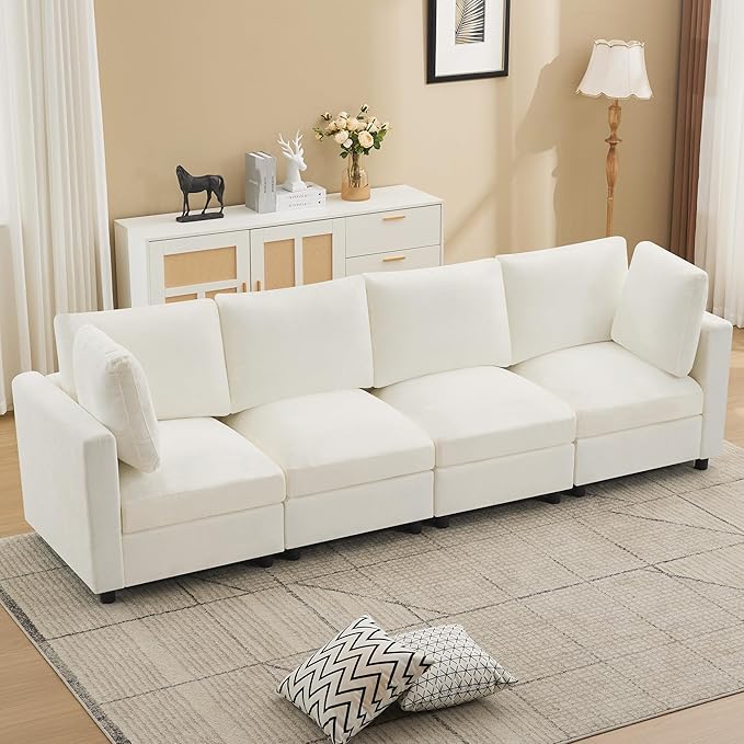 4-Seater Modular Sectional Cloud Sofa, Straight-Line Couches for Living Room, Modern Upholstered Deep Seat Sofa, Chenille Beige