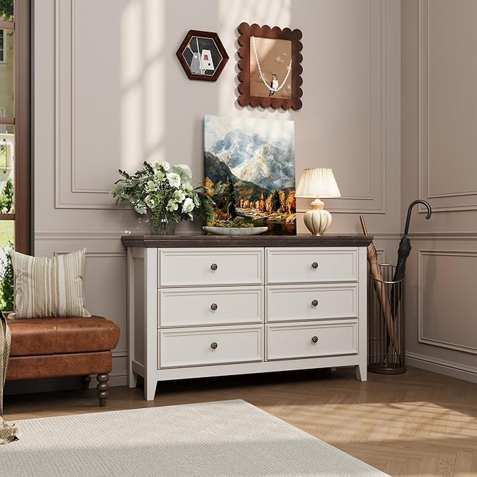 Dresser for Bedroom 6 Drawers Dresser - 47.2" Wide 6 Chest of Drawers Storage Double Cabinet as Bedfoot Organizer & Wardrobe Cabinet（Antique White & Brown）