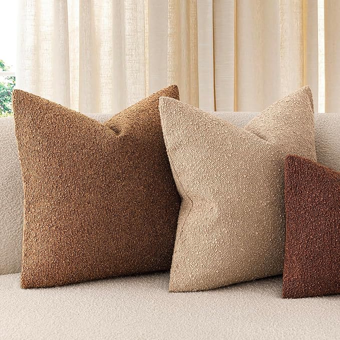 Foindtower Set of 2, Decorative Textured Boucle Throw Pillow Covers Accent Solid Pillow Cases Neutral Soft Cozy Couch Cushion Case for Chair Sofa Bedroom Living Room Home Decor 24x24 Inch Hazel Brown