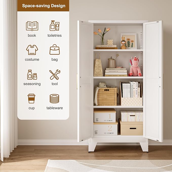 Large Metal Kitchen Pantry Cabinet with Adjustable Shelves - Freestanding Kitchen Storage Cabinet for Dining Room,Livingroom Bathroom, Hallway, Workshop, Office (White, 61"- 0 Drawer)