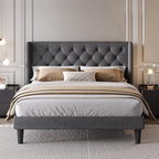 SHA CERLIN Full Size Upholstered Platform Bed Frame with Wingback Headboard, Tufted Linen Fabric, Wooden Slats Support, Easy Assembly, No Box Spring Needed, Dark Grey