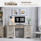 T4TREAM 59" Farmhouse Executive Desk with Drawers,Wood Home Office Computer Desk, Featuring Keyboard Tray,Charging Station,File Drawer, Storage Cabinet,for Work and Study (Light Rustic Oak)