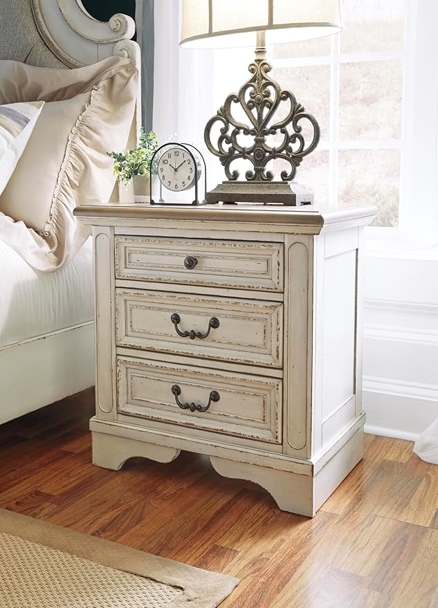 Signature Design by Ashley Realyn French Country 3 Drawer Nightstand with Electrical Outlets & USB Ports, 27.75" Tall, Chipped White