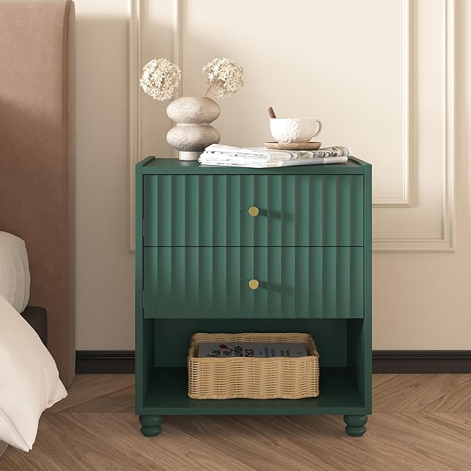 Modern Nightstand Set of 2, Fluted End Table with Open Shelf, Night Stand with 2 Drawers for Bedroom (Green)