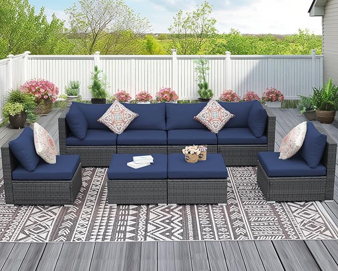 NICESOUL Outdoor Sofa Set of 8, Deep Seating Extra Large Patio Conversation Set, 29.3'' High Back Modern Luxury Wicker Modular Sectional for Backyard Lawn Deck Garden, 2 Color Cushions Navy & Gray