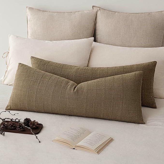 Foindtower Set of 2 Decorative Linen Check Throw Pillow Covers Neutral Farmhouse Lumbar Cushion Covers Modern Boho Home Decor for Sofa Chair Couch Bedroom Living Room,12×24 Inch,Light Brown