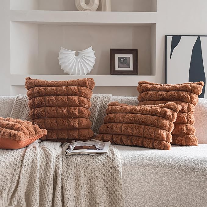 Neelvin Brown Faux Fur Cozy Soft Plaid Decorative Throw Pillow Covers 16x16 inch Set of 2,Velvet Pillowcase Cushion Case for Sofa Couch
