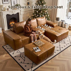 114" Cloud Sectional Couch with L-Shape Chaise & Ottoman, Modern Boneless Couches for Living Room, Fluffy Tufted Deep Seat Modular Sofa No Assembly (Faux Leather,Brown,Right Facing)