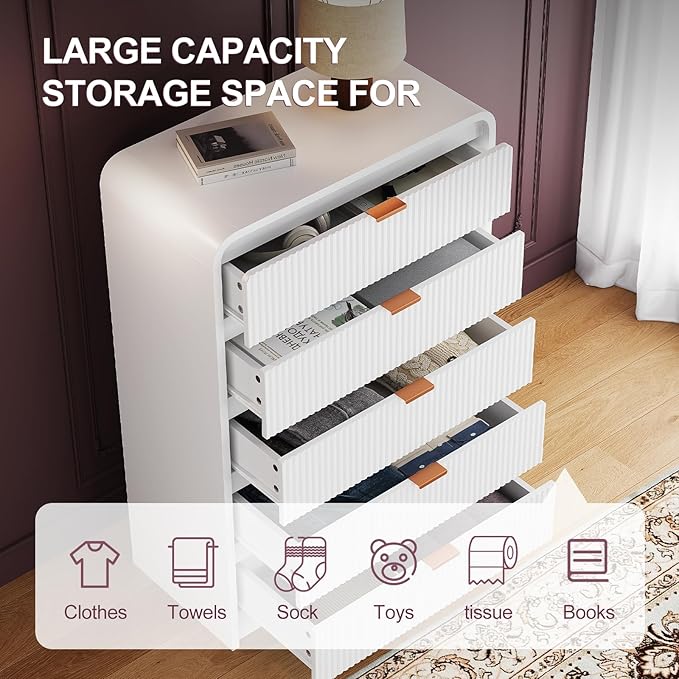 FURSUN Fluted 5 Drawers Dresser for Bedroom, 48" Tall Wooden Modern Dresser with Metal Handle, Curved Profile Design, Storage Organizer for Bedroom, Hallway (White)
